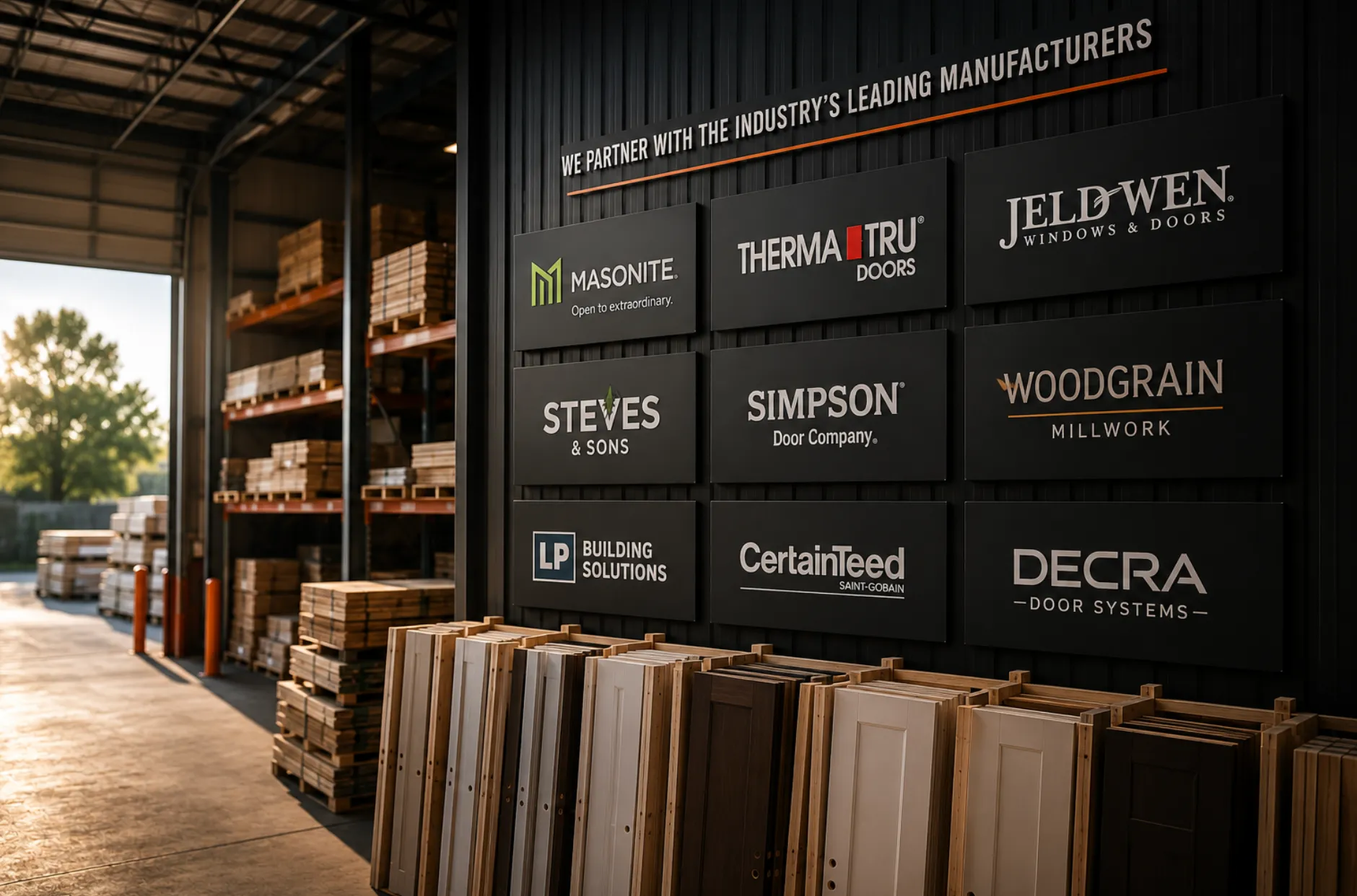 Manufacturer brand signage displayed above a rack of prepped doors in the 67 Supply Co. warehouse